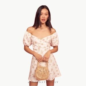 Reformation Bowie Linen Floral Mini Dress Size 8 Ivory Mildred Romantic